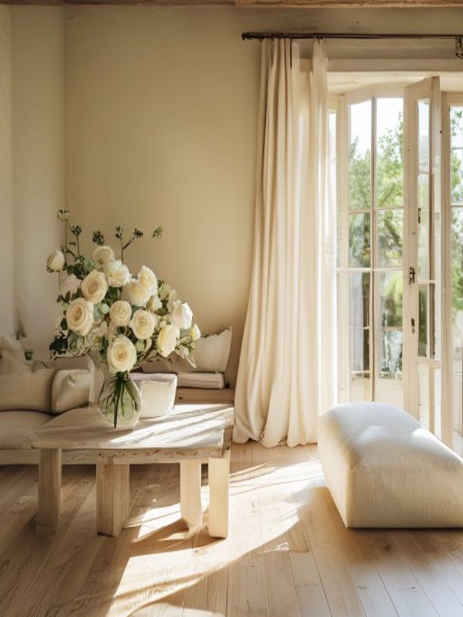 Intérieur élégant d'une villa de luxe en Provence avec bouquet de roses blanches