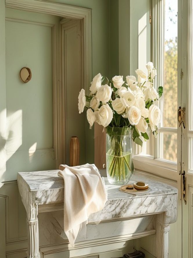 Entrée raffinée d'une villa provençale avec bouquet de roses blanches sur console en marbre